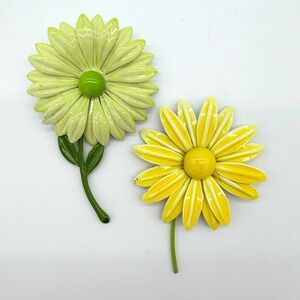 Vintage Enamel Daisy Flower Brooch Lot Yellow & Lime Green Large 3"